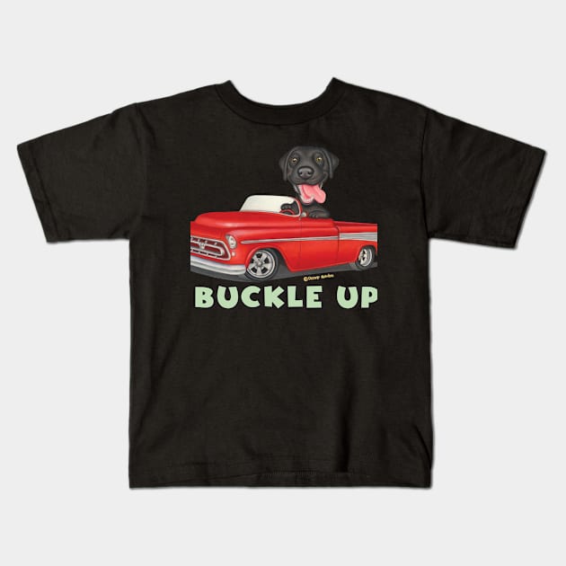 Cute Black labrador Retriever driving Classic Red Truck Kids T-Shirt by Danny Gordon Art